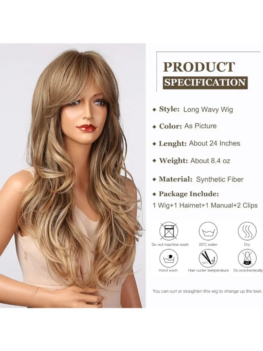 24IN Long Wavy Ash Blonde Wig with Bangs - Synthetic Hair for Women